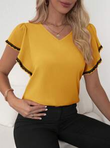 SHEIN Clasi Women's Contrast Color Lace Floral & Ruffle Hem Blouse,Short Sleeve Tops - Yellow - View 4