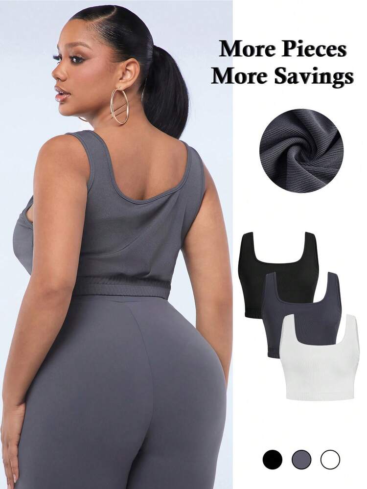 Plus Size Solid Cropped Tank Top Sexy Three-Piece Outfits