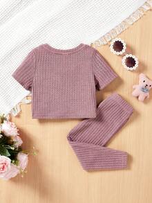 SHEIN Ensemble Pyjama Décontracté En Tricot Pour Bébé Fille, Haut À Manches Courtes Et Pantalon Moulant, Texturé Uni - Vieux Rose - Voir 2