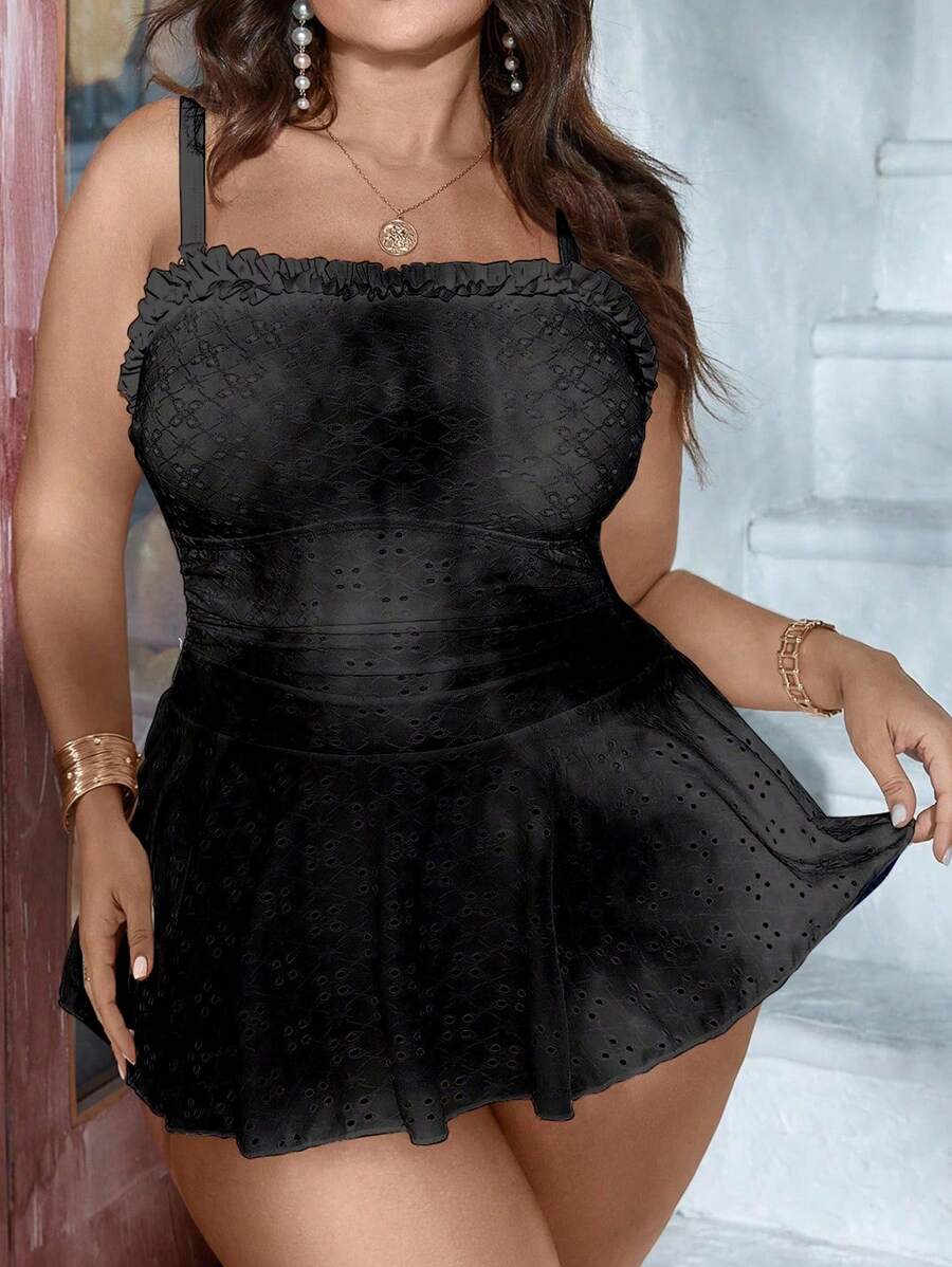 SHEIN Swim Curve 大尺碼女士單件泳衣,帶褶邊肩帶,海灘服裝度假風 - 黑色 - 查看 1