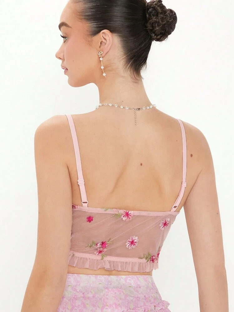 Summer Floral Embroidered Frill Hem Cami Pink Top