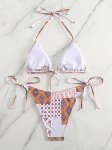 SHEIN Swim Conjunto de bikini de cuello de halter con estampado tropical para señoras - Multicolor - Ver 2