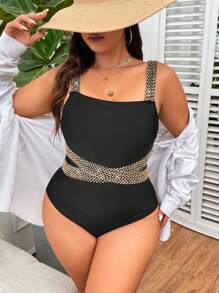 Swim Lushoire Summer Beach Plus Size Slimming One-Piece Swimsuit With Woven Straps - Black - View 5