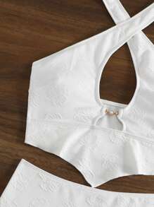 SHEIN Swim Solid Color Halter Neck Tankini Set With Hollow Out Summer - White - View 5