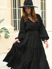 Rusttydustty Chiffon Red V-Neck Tie Waist Elegant Women's Maxi Dress, Casual Natural Bohemian Style Beach Outfit For Music Festival, Tropical Vacation - Black - View 9