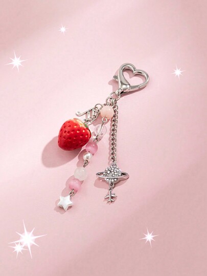 Kawaii 1 Pezzo Portachiavi Con Ciondolo Di Fragola Stile Dolce E Adorabile Con Cristalli A Nastro Del Pianeta