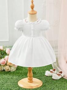 SHEIN Váy tay bồng cổ Peter Pan họa tiết hoa dễ thương mùa hè cho bé gái - trắng - Xem 1