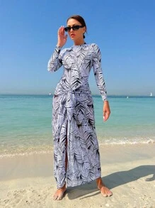 SHEIN Swim 女士一片式無鋼圈游泳衣＆植物和葉子印花比基尼＆海灘長裙套裝 - 黑與白 - 查看 1