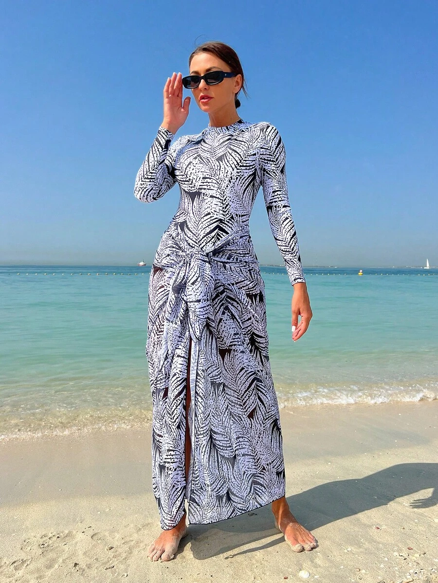 SHEIN Swim 女士一片式無鋼圈游泳衣＆植物和葉子印花比基尼＆海灘長裙套裝 - 黑與白 - 查看 1