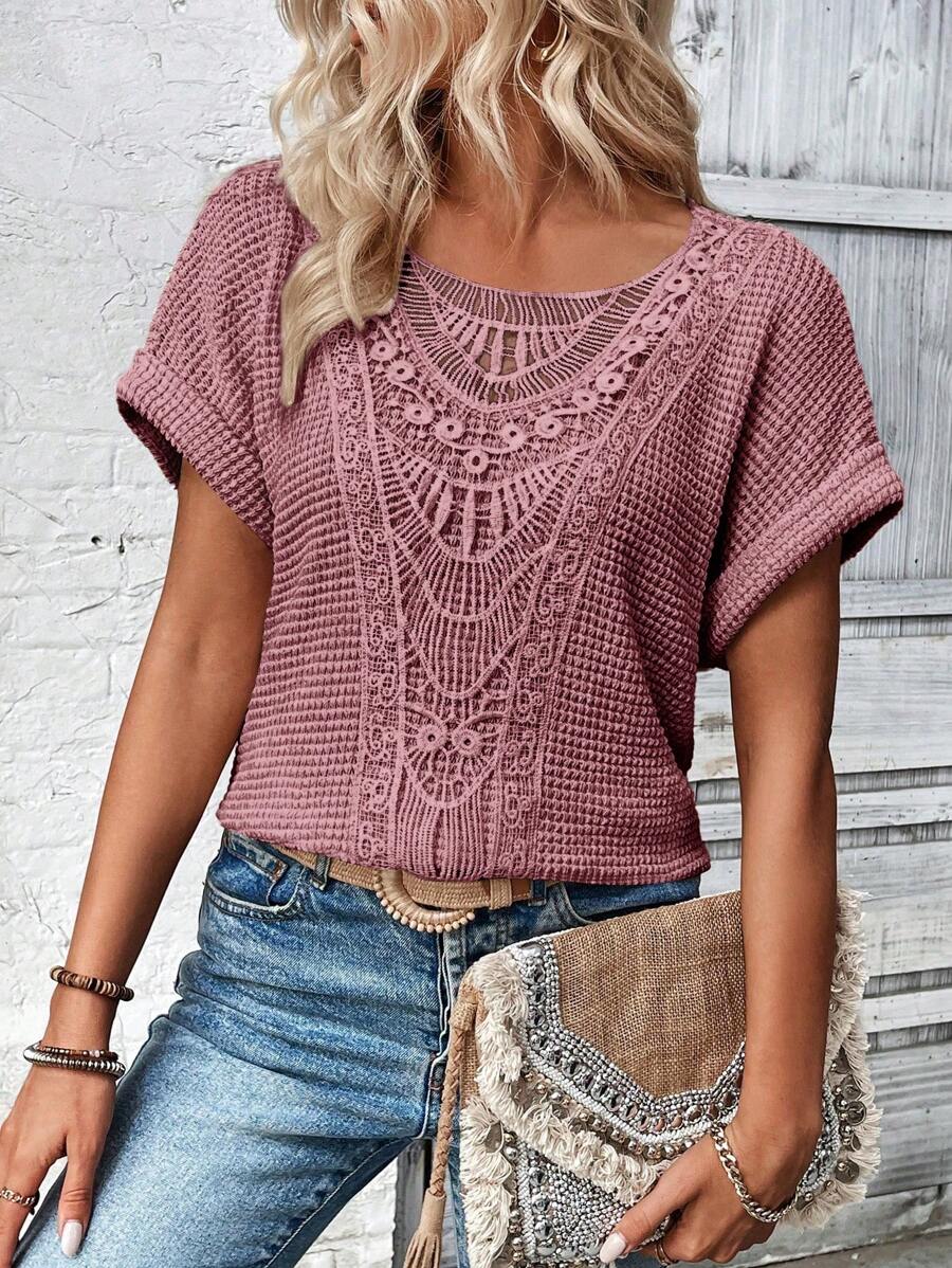 Breezaya Camiseta De Textura De Color Sólido Con Mosaico De Encaje - Rosa vieja - Ver 1