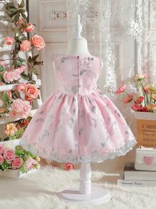 SHEIN Glamorique Kids Đứa bé gái Thanh lịch & Thêu Hoa Nơ Đồ trang trí Váy công chúa Cho bữa tiệc & Yến tiệc - Hồng - Xem 3