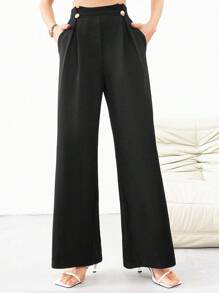 SHEIN Privé 女士黑色褶皺高腰寬腿夏季長褲帶口袋,優雅風格 - 黑色 - 查看 4