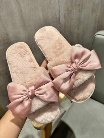 Fall/Winter Women's Elegant Pink Bowknot Flat Plush Slippers For Valentine's Day Party Home