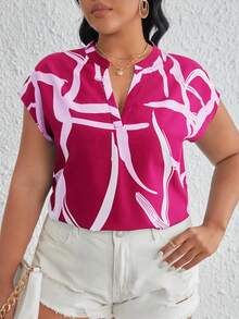 SHEIN LUNE Kích thước lớn Của phụ nữ Batwing Ngắn tay Áo sơ mi Với In Mẫu - Màu Hồng Tươi - Xem 3