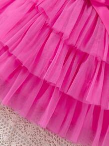 SHEIN Glamorique Kids 年輕女孩的蝴蝶結細節背心上衣和網紗裙2件組