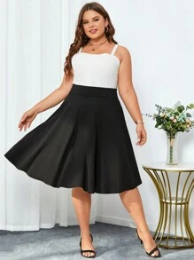 SHEIN Clasi 大尺碼純色百褶休閒裙 - 黑色 - 查看 1