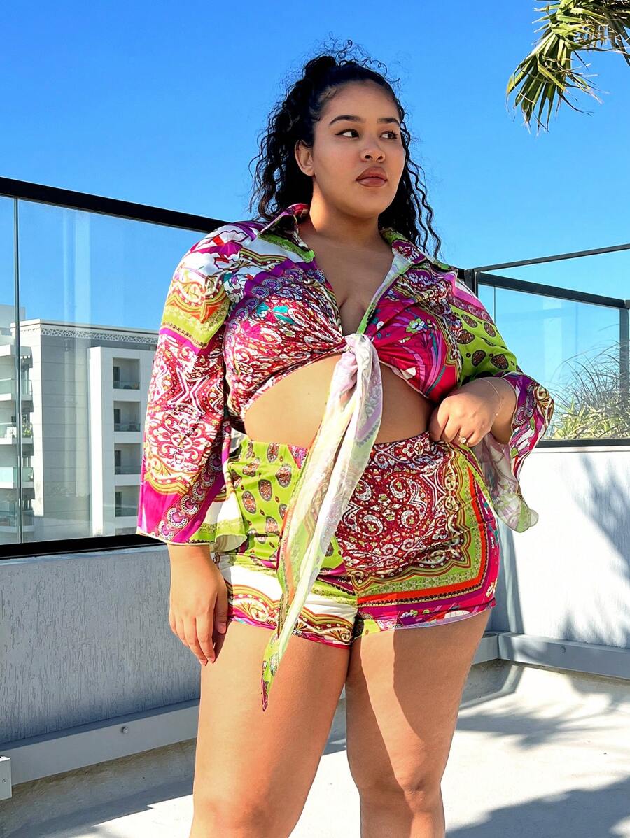 SHEIN SXY Plus Size Women's Resort Paisley Tie Shirt And Shorts Two Pieces Set - Multicolor - View 1
