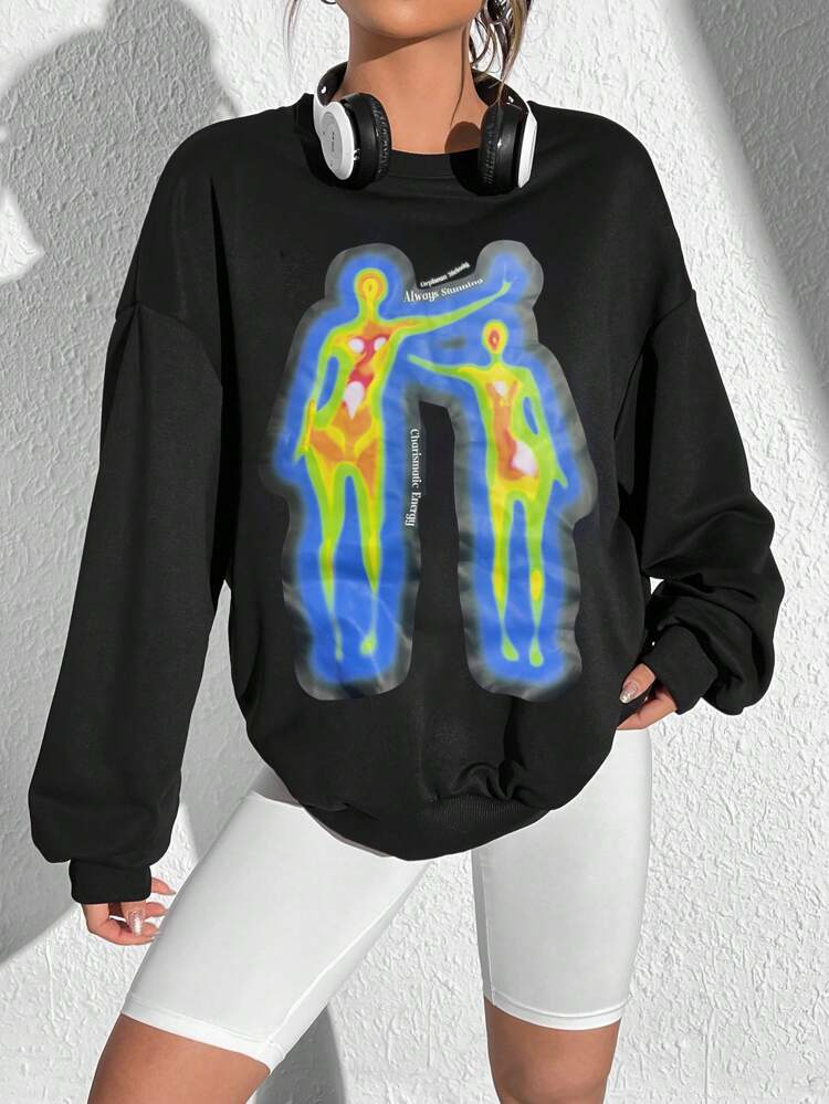 Casual Oversized Thermal Print Crew Neck Long Sleeve Sweatshirt For Women, Unisex