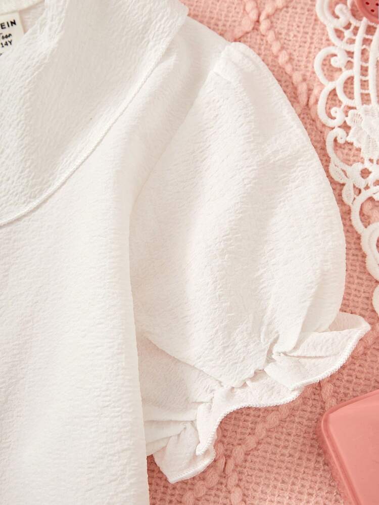 Teen Girl White Simple Solid Color Ruffle Trim Pajama Set With Top And Pants