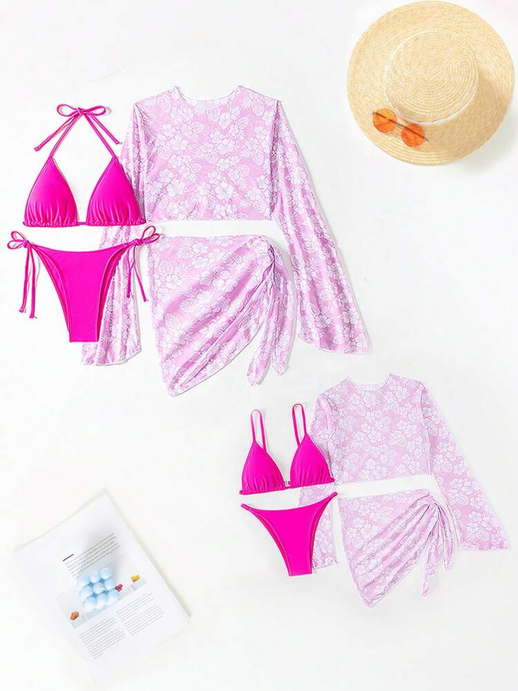 Solid Color Knot Side Bikini Set And Floral Mesh Cover Up Set For Summer Beach Vacation