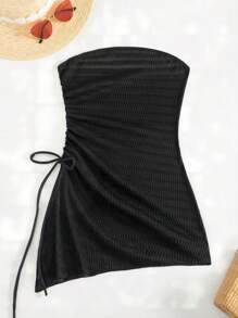 Swim SXY 夏季海滩女式侧开叉抽绳抹胸罩衫抹胸连衣裙黑色性感连衣裙 - 黑色 - 查看 6