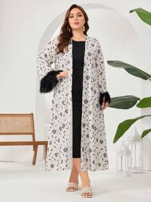 Modelyn Conjunto de 2 piezas de Chaqueta con estampado de flores y flecos y Vestido de unicolor sin mangas talla grande