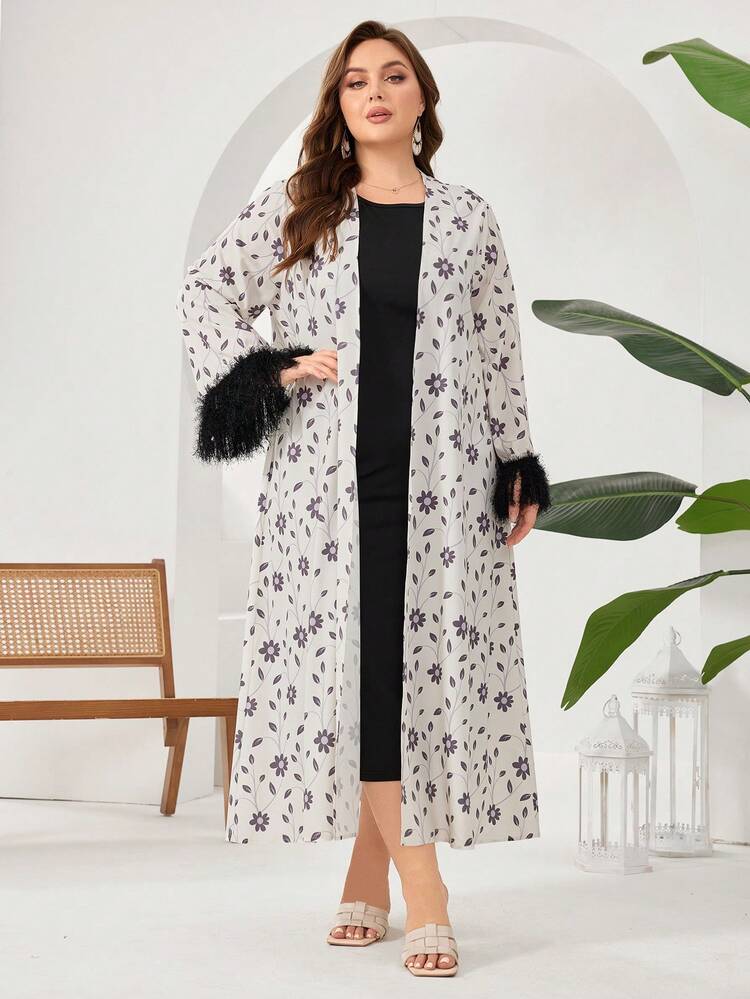 Plus Size Flower Printed Fringe Trim Jacket And Solid Color Sleeveless Dress Set 2 Pieces Set