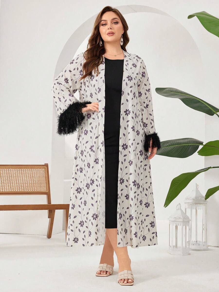 Modelyn Conjunto de 2 piezas de Chaqueta con estampado de flores y flecos y Vestido de unicolor sin mangas talla grande