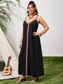 SHEIN VCAY 大尺碼條紋編織帶拼接背心裙 - 黑色 - 查看 6