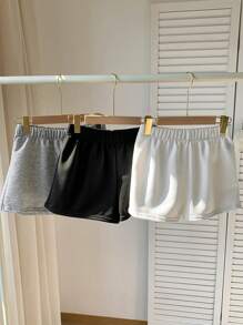 Comfortcana 3pcs Women Solid Color Elastic Waist Shorts Gym Shorts - Multicolor - View 3