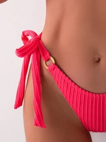 SHEIN Swim Solid Color Texture Two-Piece Bikini Set, String Bikini Set Swimwear Bathing Suit Beach Outfit Summer Vacation,Summer Beach - Hot Pink - View 3