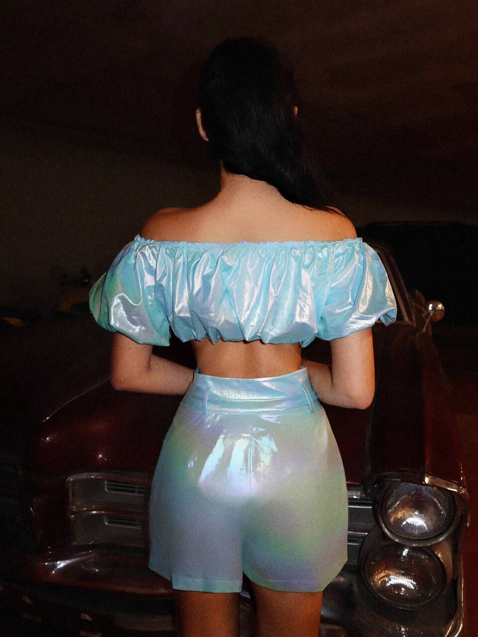 Holographic Off Shoulder Ruched Crop Top & Buckle Belted Shorts