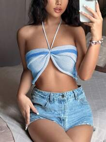 Flirla Color Block Halter Neck Knitted Top
