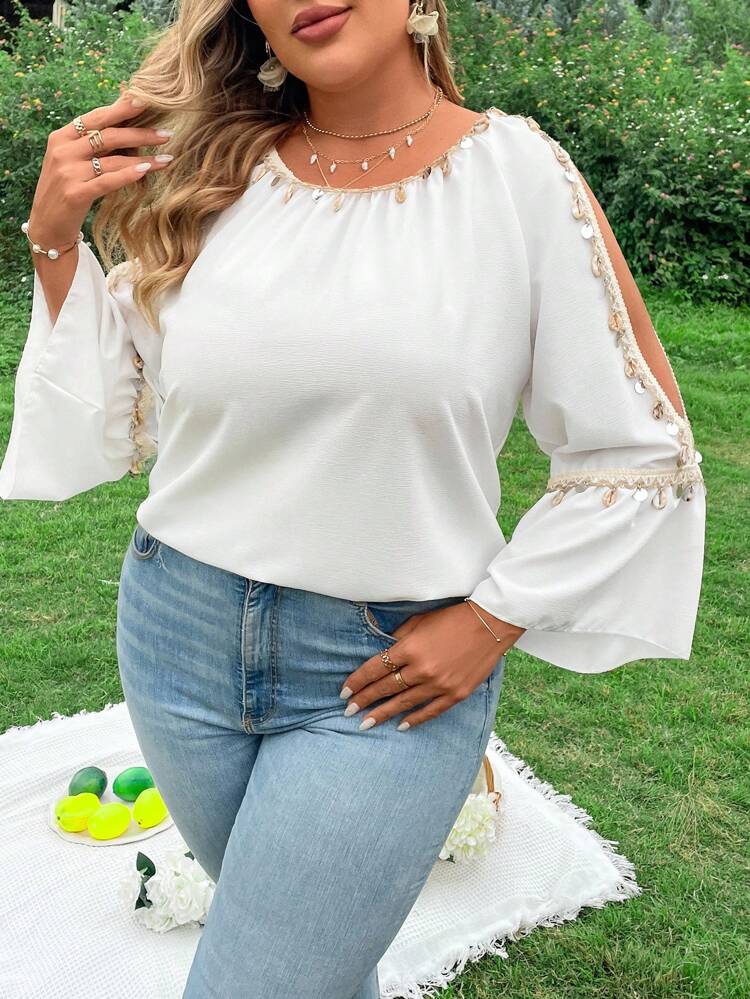 Plus Size Women's Hollow Out Shell & Weaved Belt Shirt