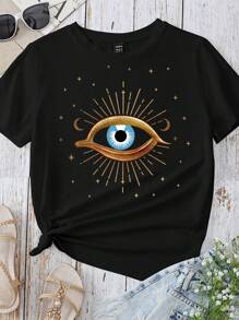 Slaydiva Casual Moon And Eye Pattern Round Neck Short Sleeve Slim Fit Plus Size Women's T-Shirt, Summer