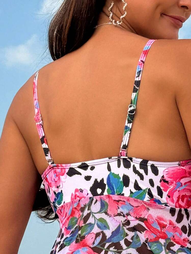 Summer Floral Leopard Print Tankini Set