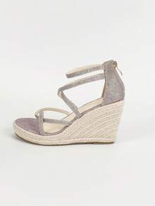 Women's Minimalist Ankle Strap Espadrille Shoes, Holiday Pink Rhinestone Detail Rear Zipper Jute Platform Wedge Sandals - Pink - View 4