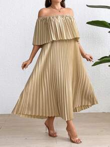 Flirla Women's Plus Size Off Shoulder Pleated Dress - Khaki - View 3