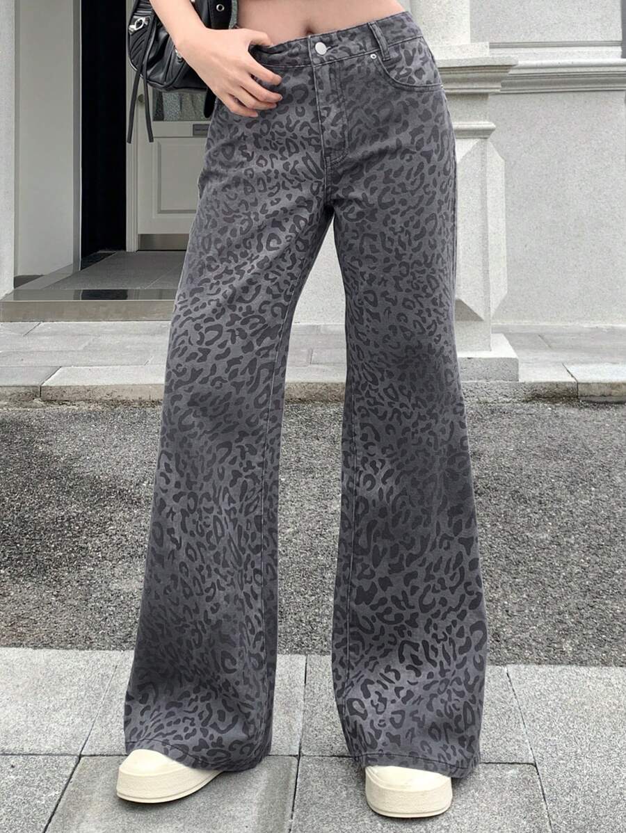 DAZY Women's Leopard Print Wide Leg Jeans - Grey - View 1