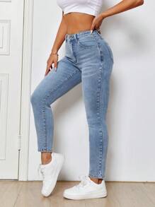 SHEIN PETITE Denim Jeans With Slanted Pockets, Casual Slim Fit