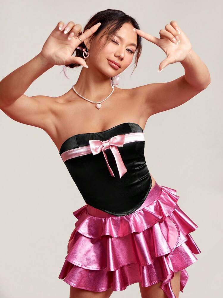 Women'S Colorblock Strapless Top With Bow Decoration