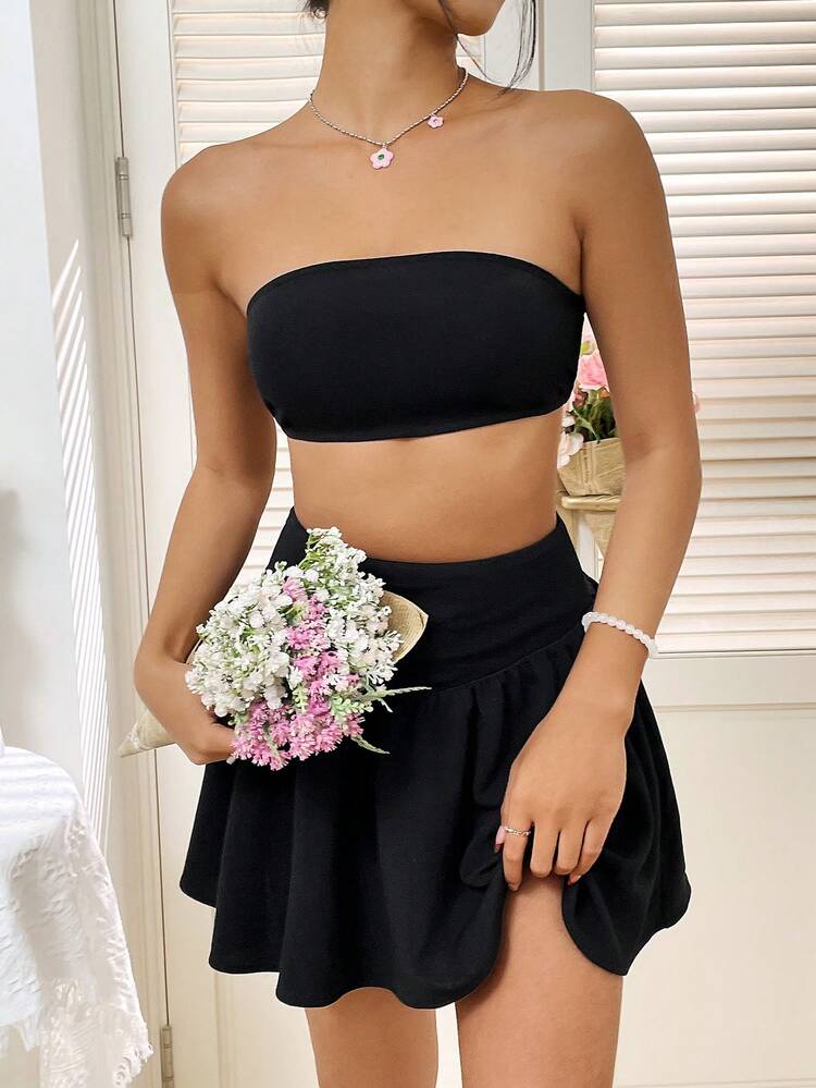 Solid Color Slim Fit Strapless Top And Skirt