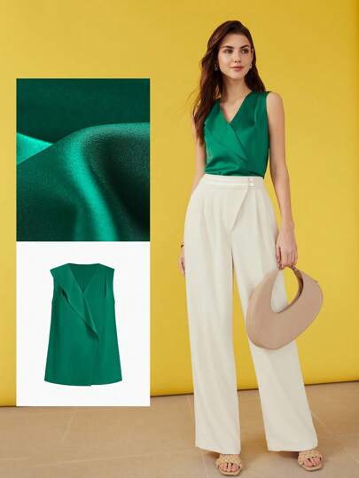 MOTF PREMIUM Blusa Sin Mangas Con Cuello En V De Color Sólido Tejido Para Mujer