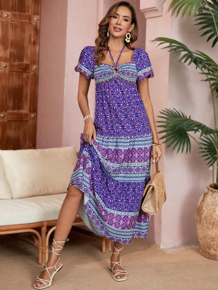 Summer Vintage Printed Dress With Diamond Decorated Collar Music Festival