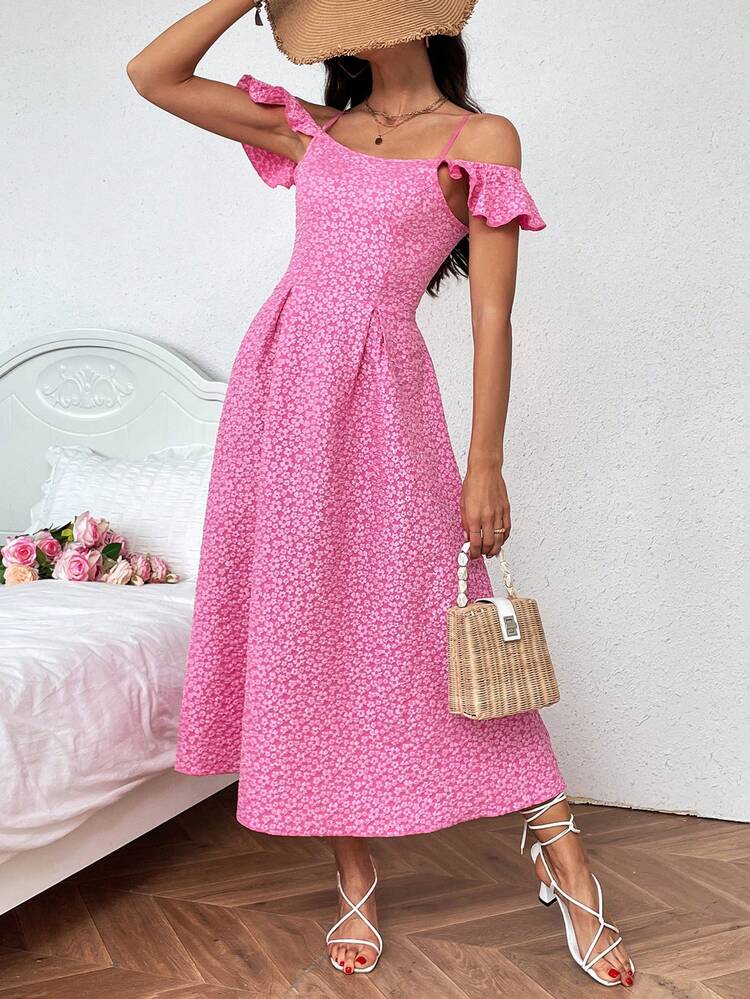 Floral Jacquard Open Shoulder Neckline Cinched Waist A-Line Dress