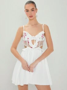 Enchnt Floral Embroidered Hollow Out Spaghetti Strap White Summer Dress - White - View 1