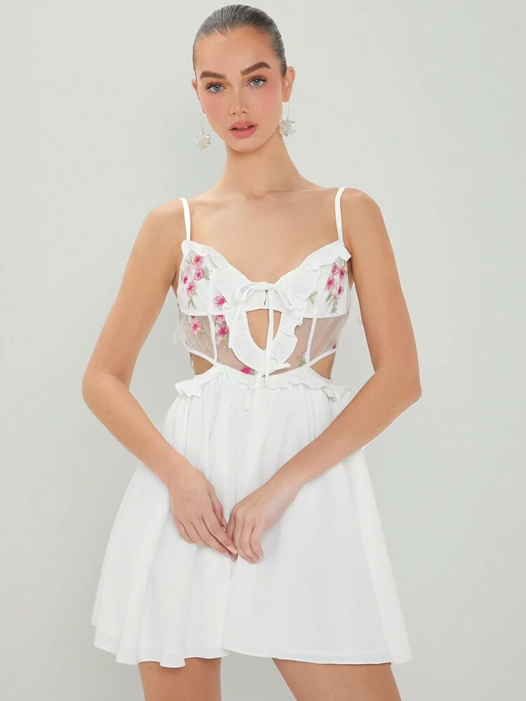 Floral Embroidered Hollow Out Spaghetti Strap White Summer Dress