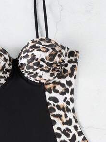 SHEIN Swim 豹紋拼接蕾絲單肩泳裝 - 彩色 - 查看 7