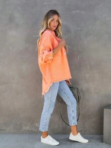 Women's Raw Edged Long Sleeve Denim Blouse - Orange - View 3
