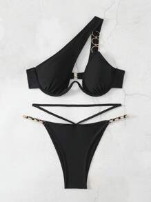 Swim SXY Summer Beach Women's Solid Color Hollow Out Chain Decor Bikini Set - Black - View 3